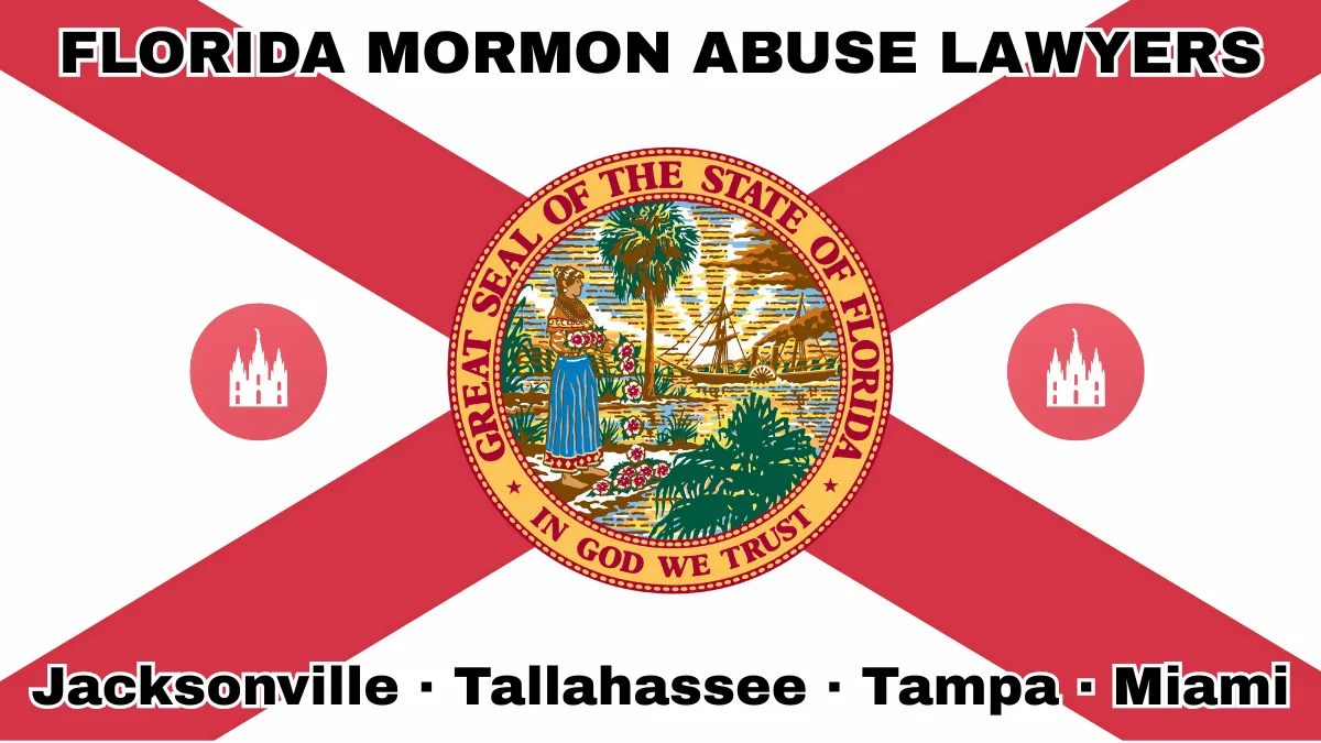 FLORIDA MORMON ABUSE LAWYERS: Jacksonville, Tallahassee, Tampa, and Miami text on FL state flag with LDS Church depicted near a red cross and SEAL of a Seminole woman scattering flowers by a shoreline with a boat, palm trees, and sunlight.
