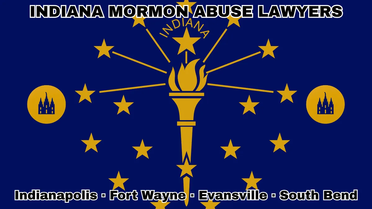 INDIANA MORMON ABUSE LAWYERS: Indianapolis, Fort Wayne, Evansville, and South Bend text on IN state flag with LDS Church depicted near a gold torch and stars.