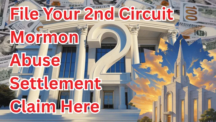 File Your 2nd Circuit Mormon Abuse Settlement Claim Here text on depiction of Second Circuit court with LDS Church and high value cash backdrop.