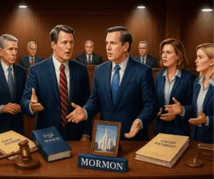 Lawyers take Mormon lawsuit to trial in courtroom with framed picture of the LDS Church.